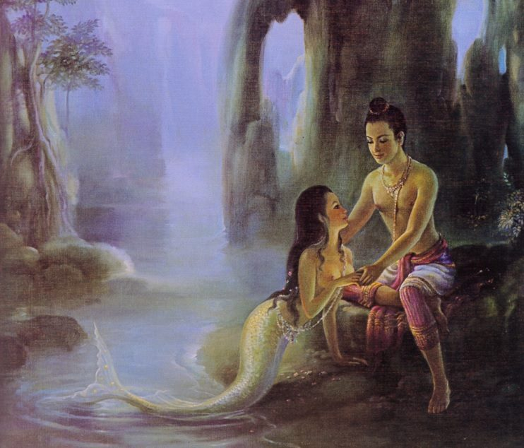 “พระอภัยมณีกับนางเงือก” พ.ศ. 2514 สีน้ำมันบนผ้าใบ ผลงานของ อาจารย์จักรพันธุ์ โปษยกฤต - มีการตกแต่งกราฟิกเพิ่มโดย กอง บก.ศิลปวัฒนธรรม (https://www.silpa-mag.com/history/article_78642)